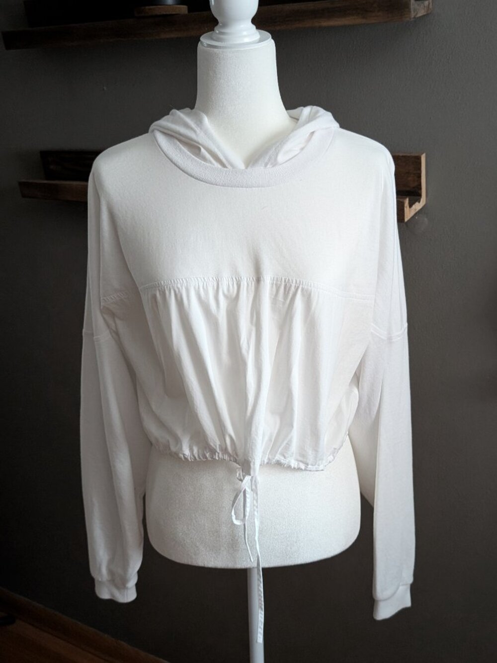 French Connection White Cotton Cropped Hooded Drawstring Top XS Casual Coastal